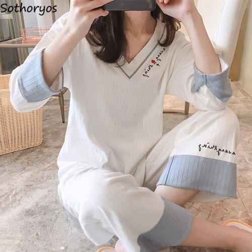 Pajama Sets Long Sleeve Pants Spring Women V-neck Embroidery Printed Womens Elegant Causal Korean Style Homewear Pyjamas Chic