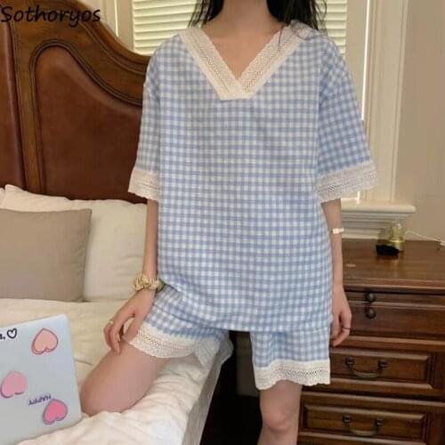 Pajama Sets Women Simple Lace Hollow Out Plaid Cozy V-neck Short Sleeve Lounge Wear Sweet Korean Style Loose Leisure Female Cute