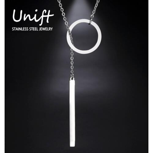 Unift Stainless Steel Simple Ring & Long Square Necklace For Women Girl Minimalist Style Trendy Party Jewelry Birthday Gifts