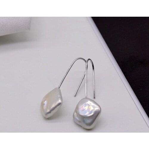 Simple straight hook earrings, small white square baroque pearls, 925 sterling silver earrings allergy-free, ladies pearl earrin