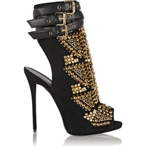 Luxury women high heel slingbacks shoes peep toe super high htin heels buckle design rhinestone sandals studded runway shoes