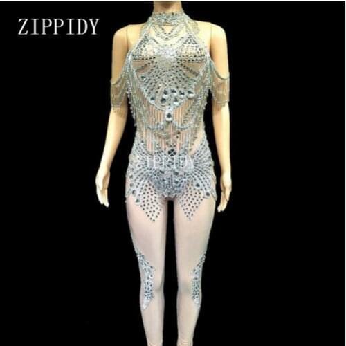 Sexy Big Crystal Stretch Bodysuit Women Singer Dancer Glass Stones Jumpsuit Costume Outfit Party Nightclub Wear