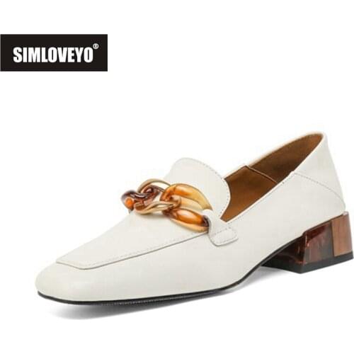SIMLOVEYO 2021 Genuine Leather Ladies Pumps Lofer Square Toe Metal Decoration Stepped On 3.5cm Chunky Heel US8 Black White A4330