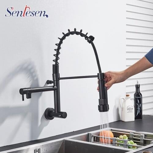 Senlesen Kitchen Faucet Spring Tap Matte Black Faucet Spout Single Cold Faucet Wall Mount Spray