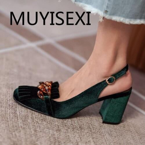 Green vintage genuine leather round toe 7cm high heels young lady dating band buckle straps slip on classic pumps MUC06 MUYISEXI