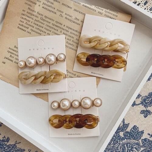 Kpop Fashion 2pcs/set Geometric Knot Acrylic Hairpin Big Imitation Pearls Beads Hair Clips Elegant Side Clip Simple Barrettes