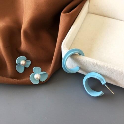 Pearls Temperament C Shape Clip Earrings Without Piercing Cute Brief Blue Korean Earrings