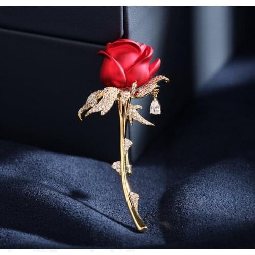 New arrival bridal costume jewelry accessory personality cubic zircon red rose flower dress brooch pin lady collar buckle