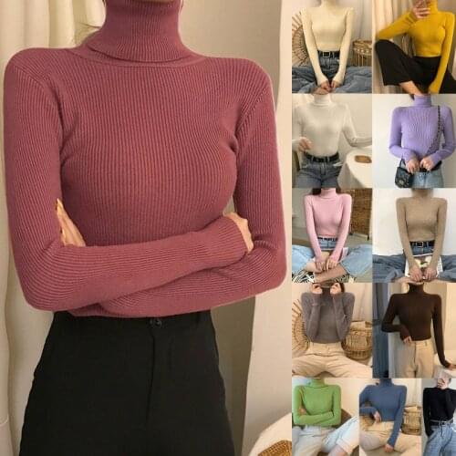 Women Long Sleeve Turtleneck Sweater Solid Color Ribbed Knit Slim Jumper Tops M68C