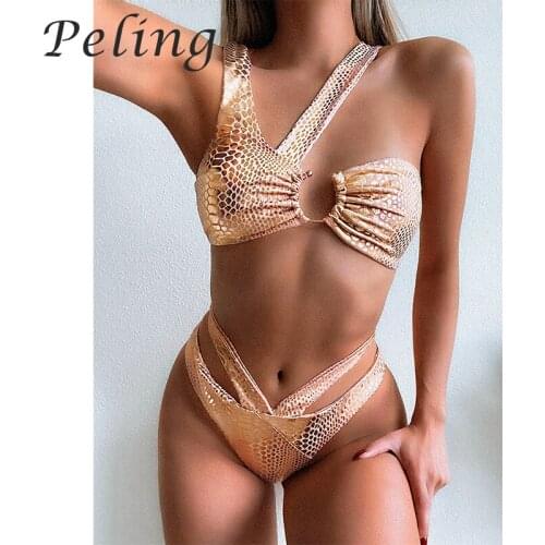 2021 Gillter Padded Snake Skin Women Bikinis Two Pieces Set Women Bathing Hollow Out Push Up Beachwear Swimwear Sexy Swimsuits