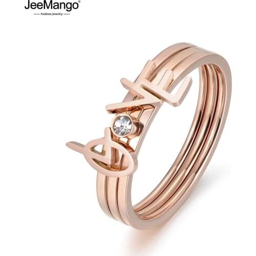JeeMango Classic 3 In 1 Rose Gold Cubic Zirconia LOVE Ring Jewelry Titanium Steel Wedding Engagement Ring For Women JR18017