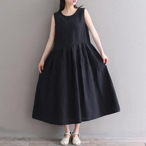 Women Summer Solid Loose A-line Sleeveless Elegant Linen Cotton Midi Dress Casual Beach Boho Femme Dress Vestidos Plus Size 7XL