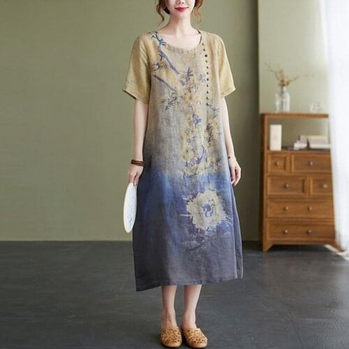 Women Summer Loose Casual Dress New Arrival 2021 Vintage Style O-neck Floral Print Cotton Linen Ladies A-line Long Dresses B718