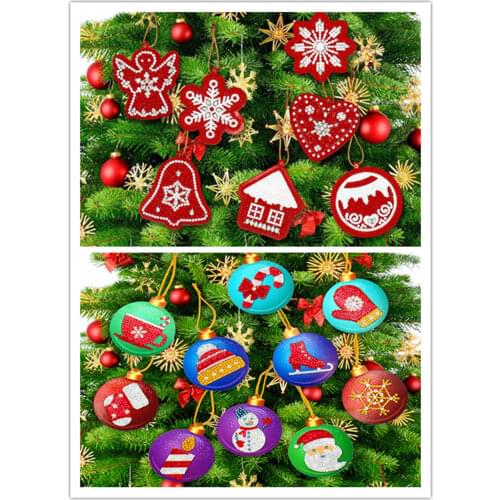 10pcs 5d Diy Diamond Painting Christmas Tree Pendant Hanging Ornament Christmas Tree Decoration Sock Santa Balls Round Circle