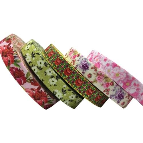 10Yard 15mm Lily Sun Flowers Printed Fold Over Elastic DIY Head Wear FOE Ribbon For Girls Bracelet Sewing Decoration Accessoise