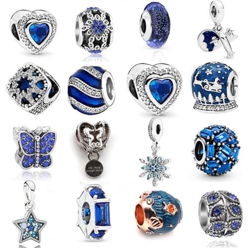 2Pcs\lot Bright blue moon and snowflake pendant beads suitable for Brand bracelet necklace female DIY jewelry accessories