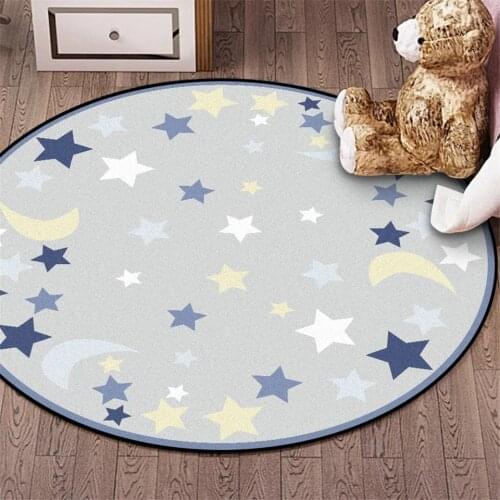 Wishstar Children Round Rug Blue Grey Star Moon Printed Kids Rug Room Velvet Non Slip Mat Carpet Soft Bedroom Big 100CM 120CM