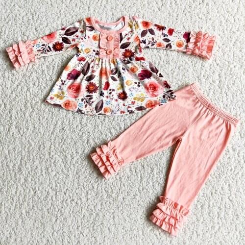 Icing Ruffle Sleeve Design Girl Top Match Pink Solid Color Pants Suit Kids Fashion Flowers Pattern Outfit For Autumn Winter