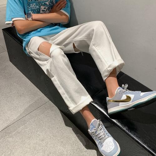 Hip Hop Jeans Mens Spring Summer Loose Denim Pants Casual Straight Wide Leg Pants Thin Streetwear Cropped Trousers Black/White