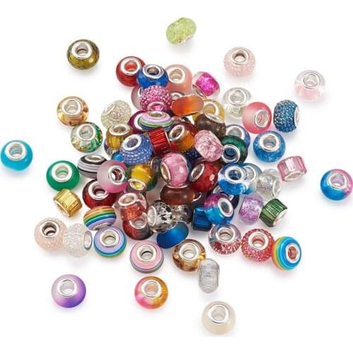 100pcs Resin European Beads with Silver Color Brass Cores Mixed Color Large Hole Beads For DIY Bracelet Jewelry Making 72x65mm