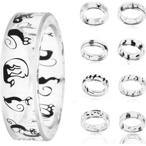 2020 Fashion Handmade Transparent Resin Ring Rabbit Dog Bat Cat Castle Music Scenery Inside Epoxy Resin Rings for Women Men Gift