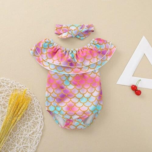 2Pcs Newborn Baby Girl Fish-Scale Pattern Short Sleeve Ruffle Romper + Headband Toddler Princess Lovely Colorful Outfits