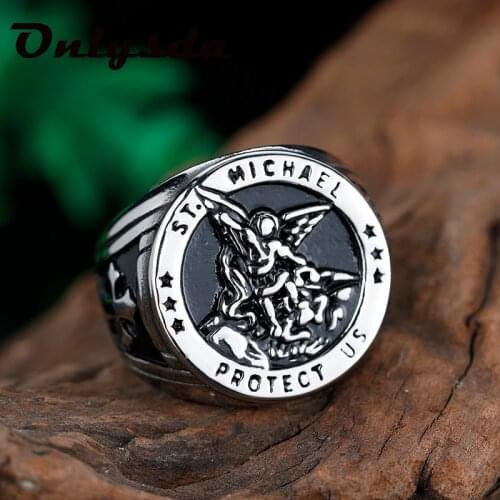 Cool Stuff St-Michael Men Rings Good Lucky Talisman Religious Personality Biker Ring for Men Boy Fashion Jewelry Anel