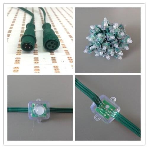 Square type DC5V addressable 12mm WS2811 led smart pixel node,RGB full color;RGB 20AWG all GREEN wire,IP68;with 13.5mm pigtail