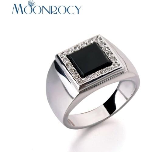 MOONROCY Drop Shipping Zirconia Silcer Color Austrian Crystal Ring Fashion Jewelry square black for men gift
