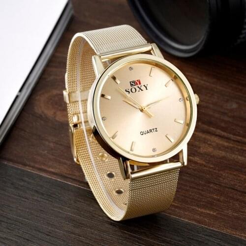 2021 New Hot Sell Brand SOXY Gold Wrist Watch Simple Style Mesh Belt Women Quartz Watches Fashion Rhinestone Designer Lady Watch
