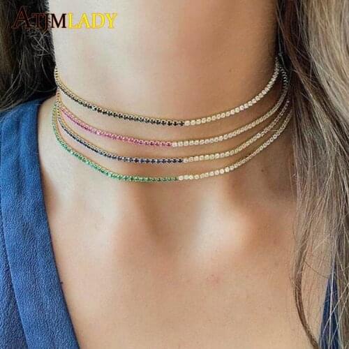 New arrived gold color necklace with rainbow cz green blue red color tennis chain choker tiny link chain layer necklace jewelry