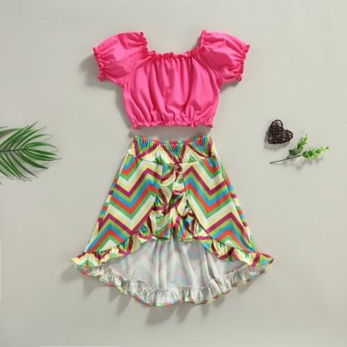 1-6 Years Kids Girls Clothes Set Solid Color Short Puff Sleeve Cropped Tops + Printed Irregular Hem Skirt Summer Outfit