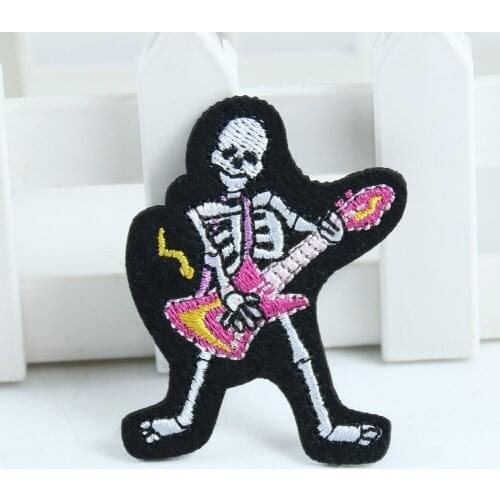 Punk guitar Skull Black Patches Wholesale Applique Iron On Clothes European and American punk band Badges Clothing Accessories