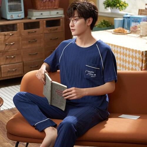 Pajamas Sets Men Summer Short Sleeve Tousers Sleepwear Male T-Shirt Plus Size L-5XL Homewear Simple Blue Pocket Cotton Sleepwear