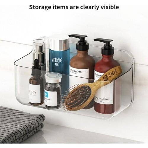 Bathroom Power Sticker Shelf Clear Wall Mounted Kitchen Organiser No Holes Bathroom Storage Basket Plastic Home Storage Rack