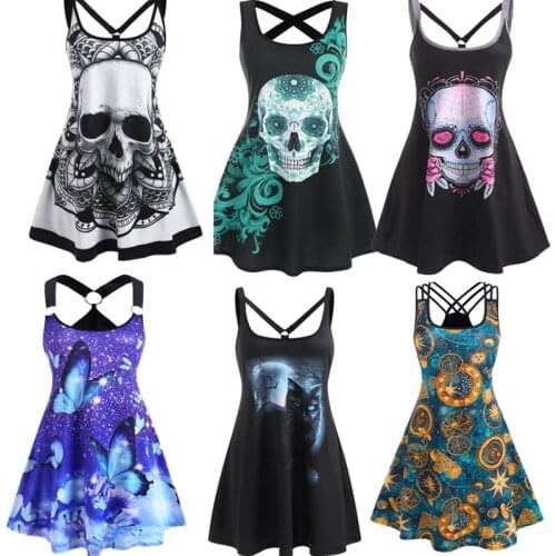 Casual Black Punk Dress Women Cat Moon Print Strappy O Ring Tank Dress Sleeveless Summer Tunic Gothic Party Dress Femme