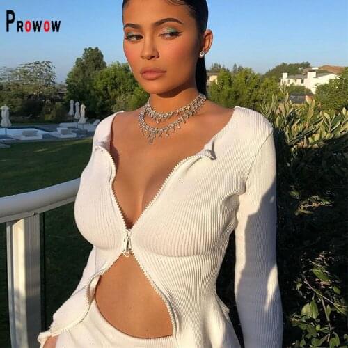 Prowow Sexy Women Knitted Ribbed Shirts 2021 New Spring Fall Long Sleeve Top Clothes for Woman Zipper Outfits Solid Color