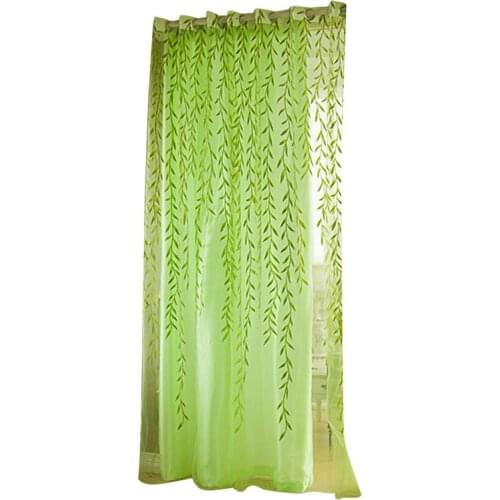 Willow Leaves Printed Window Shade Transparent Tulle Window Sheer Screen For Balcony Bedroom 100X270CM (Green)
