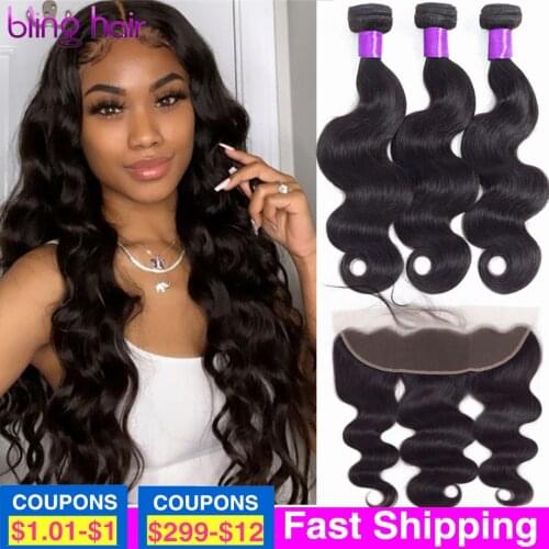 Bling Hair Body Wave Human Hair Bundles With Closure Brazilian Hair Weave Bundles With 13x4 Lace Frontal Closure Natural Color