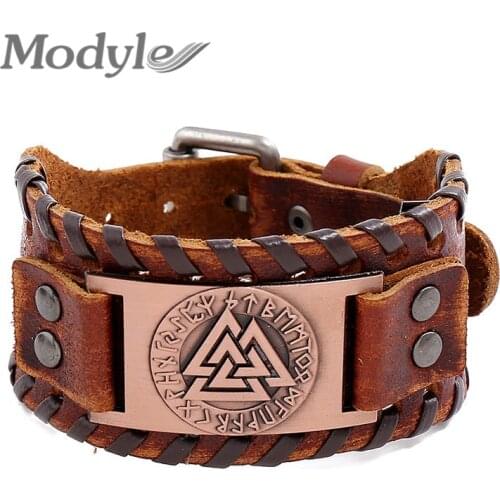 Modyle Viking Valknut Nordic Runes Wide Leather Bracelet Amulet Adjustable Vintage Slavic Norway Men Jewelry Wristband Bangle