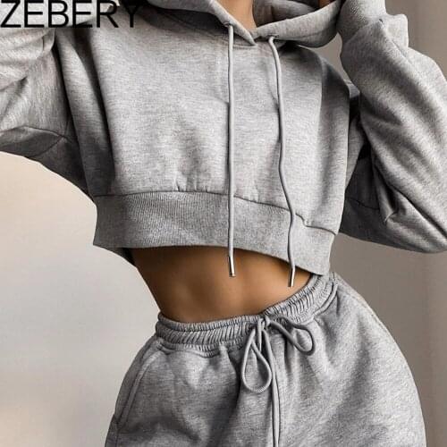 ZEBERY Casual Two Piece Set Hoodie Solid Color Short Tops And Long Pants Loose 2 Piece Set Women Sexy Sport Female Tracksuits
