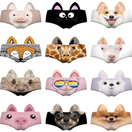 Real Animal 3D Pattern Sexy Women Panties Ears Baby Pig Cat Corgi Fox Giraffe Goat Hedgehog Llama Pinscher Lady Underwear Briefs