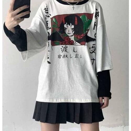 Harajuku Streetwear Vintage White T Shirt Women Gothic Tops Kawaii Cartoon Funny Anime Printed Teen Girl Long Sleeve Tee Shirt