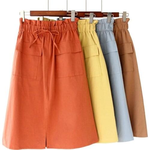 Women Summer Cotton Skirt Girls Spring Solid Split Flower Bud Pocket Elastic High Waist A-Line Office Ladies Midi Skirts Faldas