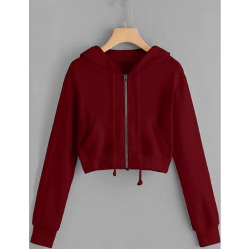 Women Hoodies Sweatshirt Casual Solid Long Sleeve Zipper Up Pocket Coat Hooded Sweatshirt Cropped Top Hoodie Bluza Damska #38