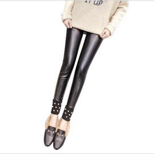 Fashion Autumn Winter Women PU Leggings2018New Arrival Elastic High Waist Female Warm Pu Leggings With Pearls Casual LeggingQ751