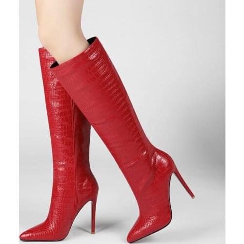 2021 Sexy Stiletto Knee Boots Faux Crocodile Skin Women Boots Autumn Winter High Heel Zipper Long Boots Big Size Black Red