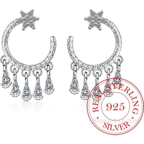 925 Sterling Silver Crystal Tassel Star Stud Earrings Silver for Women Sterling Silver Jewelry Valentines Day Gift
