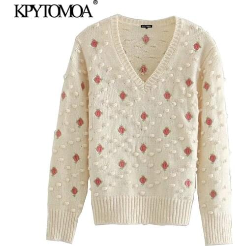 KPYTOMOA Women 2020 Sweet Fashion Floral Embroidery Knitted Sweater Vintage V Neck Long Sleeve Female Pullovers Chic Tops