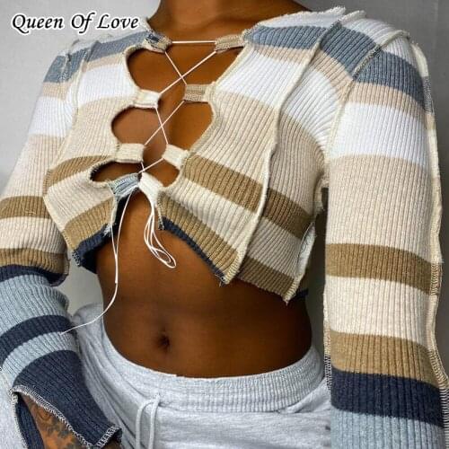 Autumn New Patchwork Broken Design Crop Top For Women Punk Style Long Sleeve Shirt Street Casual Wear Tees Female